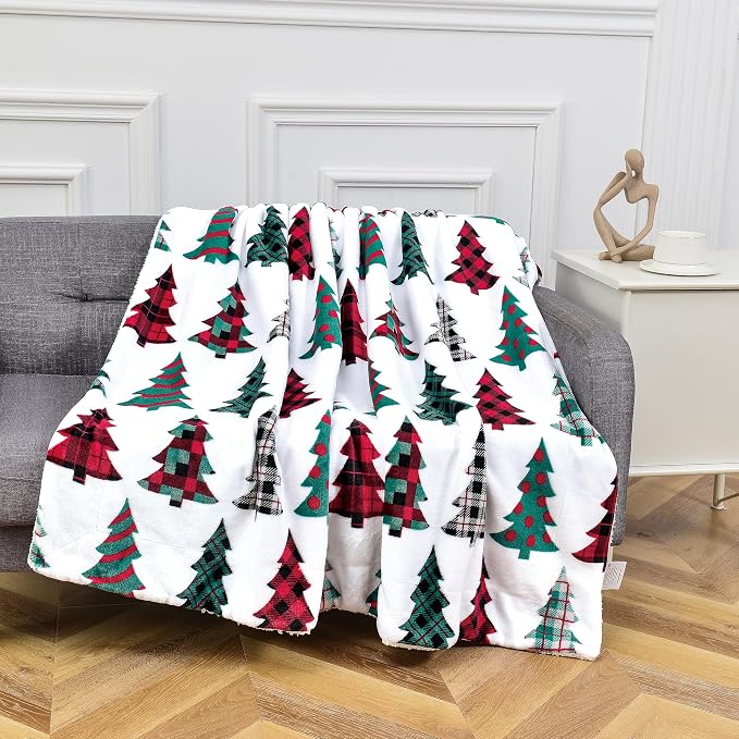 Elegant Comfort Reversible and Ultra-Plush Flannel Fleece-Winter Christmas Sherpa Throw- Lightweight Soft and Cozy-Holiday Decorative Throw, Perfect for Lounging, 50 x 60 inches, Plaid Christmas Tree
