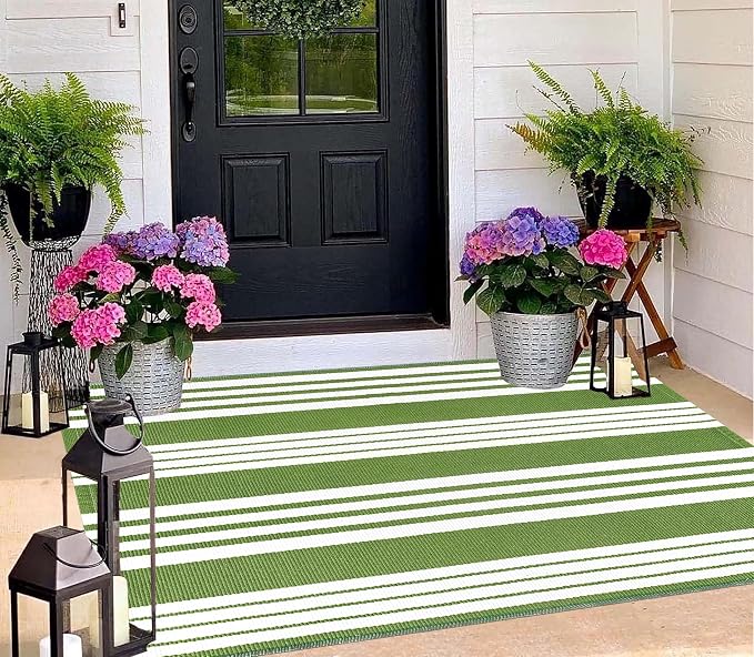 BUAGETUP Green and White Outdoor Rug 3'x 5' Cotton Woven Washable Rug Striped Front Porch RugIndoor/Outdoor Area Rug Floor Mat for Farmhouse/Layered Door Mats/Living Room