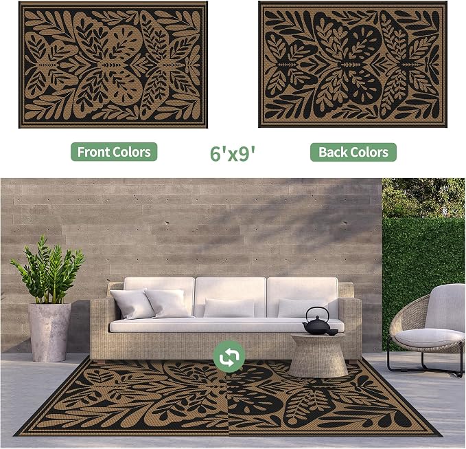 GENIMO Outdoor Rug, Waterproof Plastic Rugs for Patio, 6'x9' Black | Outside Larger Leaf Carpet Mat for Porch Decor, Deck, Balcony, Camping, RV, Backyard, Picnic, Beach, Reversible, Foldable