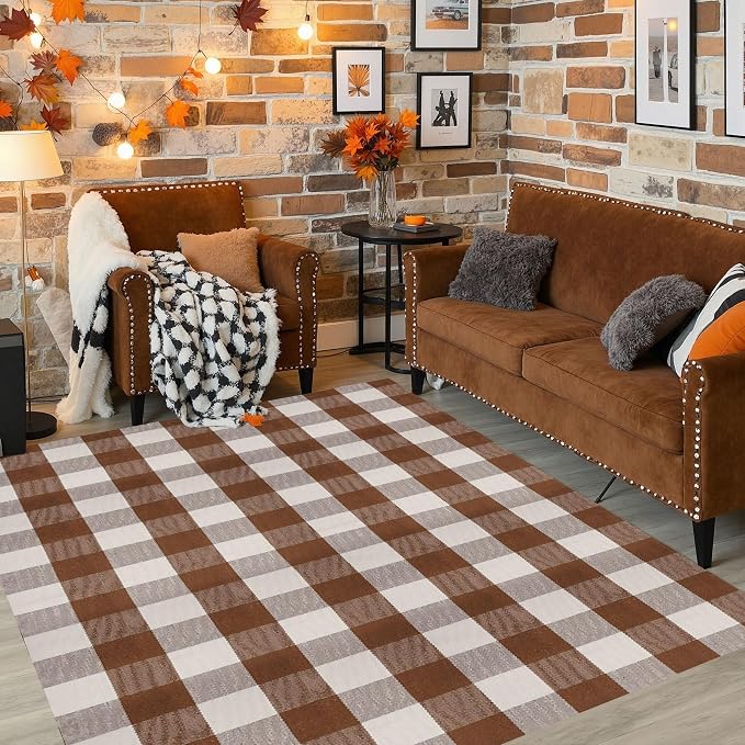 Buffalo Plaid Outdoor Rug 4x6 Ft Coffee and White Checkered Area Rug Washable Fall Indoor Outdoor Rugs for Entryway,Hallway, Kitchen, Living Room, Dining Room, Bedroom