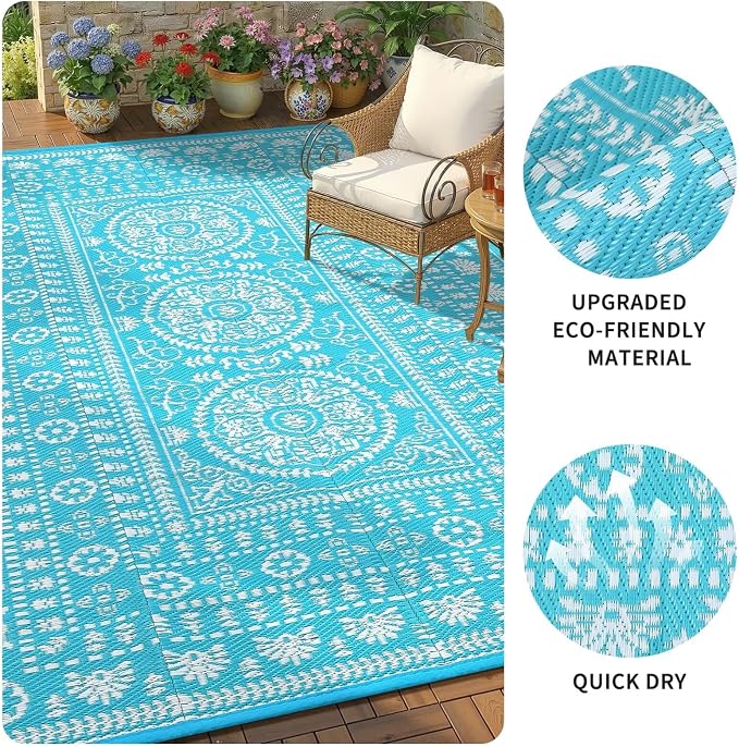 Garvee Reversible Outdoor Rug 8x10 for Patio, Waterproof Outdoor Area Rug, Modern Medallion Indoor Outdoor Rugs, Plastic Straw Rug for RV, Camping, Deck, Vintage Blue