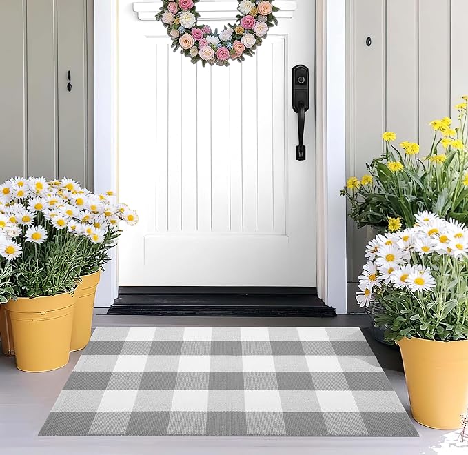 Door Mats Outdoor 24''X35'' Buffalo Plaid Front Porch Rug Cotton Woven Washable Outdoor Rug Small Area Rug for Welcome Door Mat Entryway Dining Room Bedroom Living Room