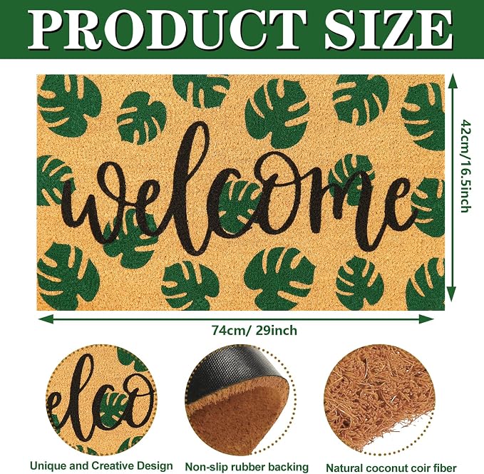 JarThenaAMCS Tropical Coir Doormat Summer Hawaiian Welcome Floor Mat Green Natural Palm Leaf Non-Slip Entrance Door Rugs for Indoor Outdoor Home Bathroom Decor, 16.5 x 29 Inch