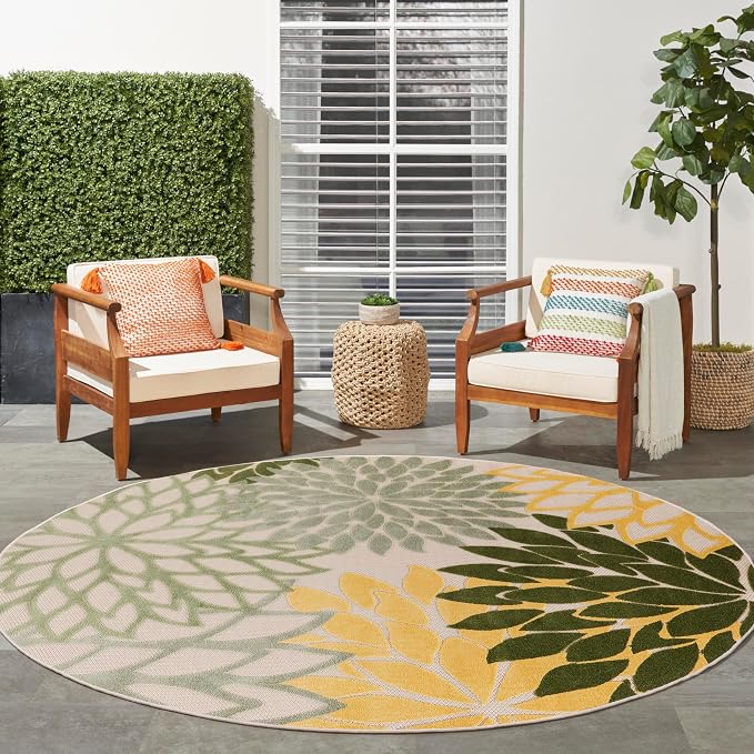 Nourison Home Aloha Indoor/Outdoor Green Multicolor 5'3" x Round Area Rug, Easy Cleaning, Non-Shedding, Bed Room, Living Room, Dining Room, Backyard, Patio, Deck (5 Round)