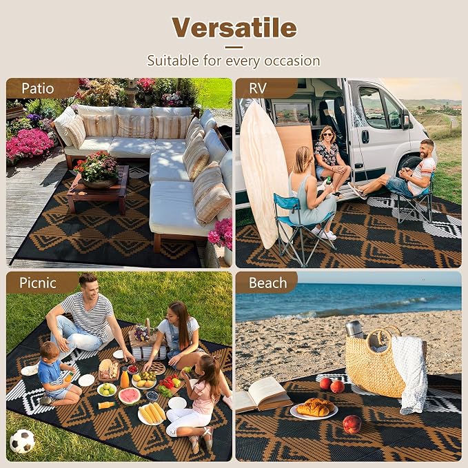 Lahome Outdoor Plastic Straw Rug, Reversible Outdoor Rug Waterproof 6x9 Patio Rugs, Camping Rugs for RV Backyard Deck Porch Picnic Beach Trailer (Black/Brown, 6' x 9')