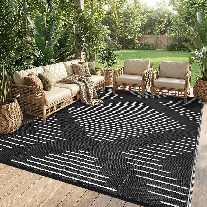 Garvee 6x9 Area Rugs Plastic Reversible Patio Rugs Outdoor Waterproof Easy-Cleaning Large Floor Mat for Outdoors Backyard Porch RV Beach Picnic Black White