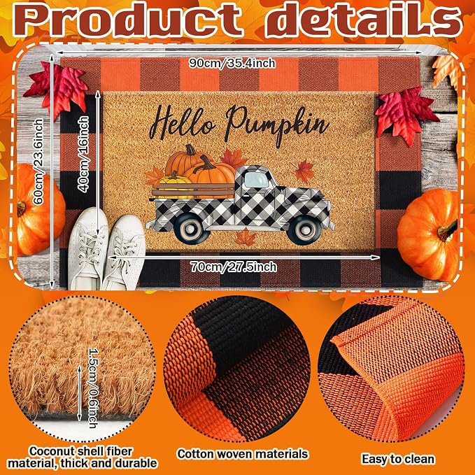 Moucuny 2 Pcs Fall Door Mat, Layered Hello Pumpkin Welcome Coir Doormat with Orange and Black Buffalo Plaid Rug, Non-Slip Backing, Fall Farmhouse Autumn Porch Decor for Entryway Patio Decor
