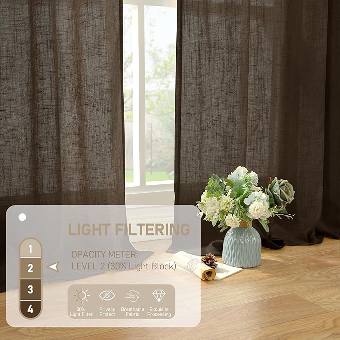 LAMIT Dark Brown Linen Boho Curtains 84 inch Length 2 Panels, Light Filtering Semi Sheer Panels Back Tab and Rod Pocket Neutral Drapes for Bedroom/Living Room, 34 x 84 Inch