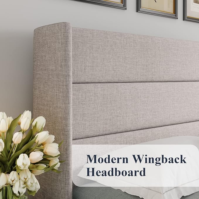 Allewie Full Size Lift Up Hydraulic Storage Bed Frame Light Beige | Modern Wingback Headboard, Hydraulic Support Storage, No Box Spring Needed