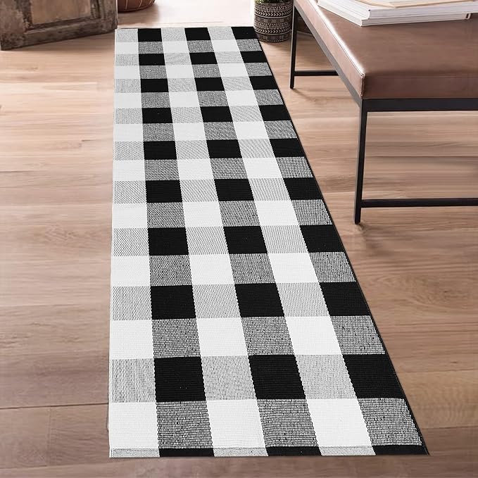 Buffalo Plaid Runner Rug 2x6 Feet Black and White Checkered Runner Rug Cotton Woven Farmhouse Floor Mat Washable Rugs for Hallway Kitchen Laundry Bedroom Living Room