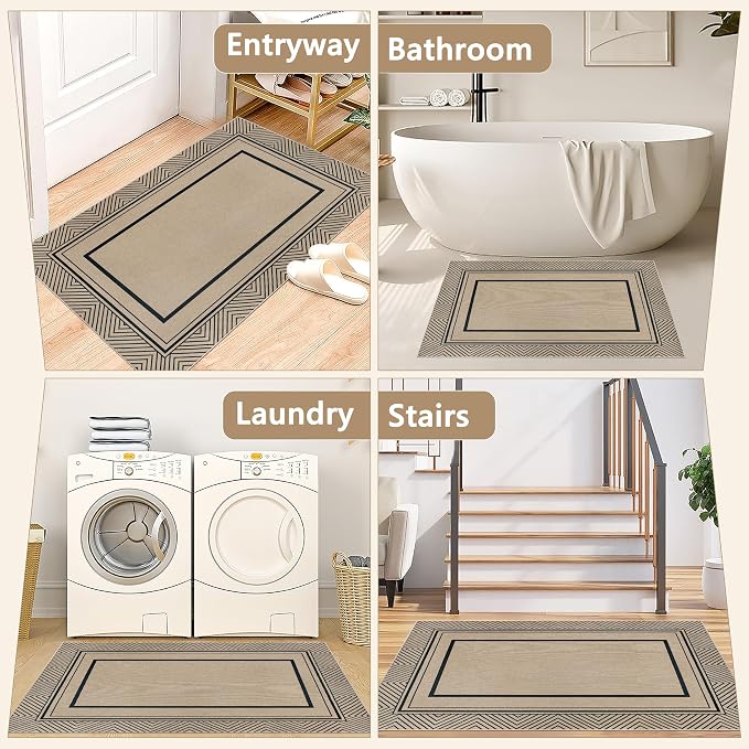 Capslpad 2x3 Faux Jute Indoor Mat,Washable Front Door Geometry Line Mat,Farmhouse Non-Slip Indoor Door Mat, Stain Resistant Low Pile Entryway Rug for Entryway, Kitchen, Bedroom, Laundry, Black