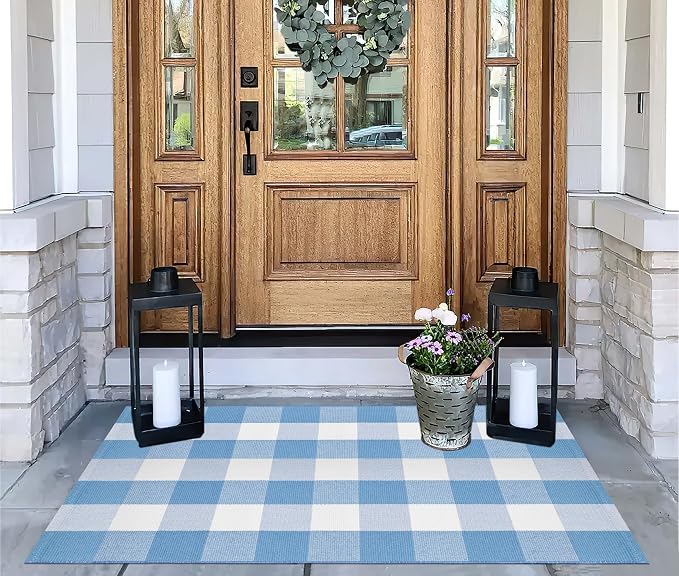 Blue and White Layered Doormat 27.5''x 43.3''Buffalo Plaid Outdoor Rug Cotton Woven Washable Farmhouse Door Mats Outdoor for Hello/Welcome Mat,Entryway,Bedroom,Patio