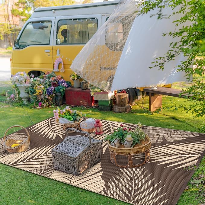 GENIMO Outdoor Rug, Waterproof Plastic Rugs for Patio, 8'x10' Coffee Beige | Outside Larger Leaf Carpet Mat for Porch Decor, Deck, Balcony, Camping, RV, Backyard, Picnic, Beach, Reversible, Foldable