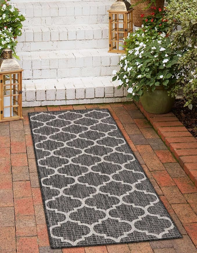 Unique Loom Outdoor Trellis Collection Area Rug - Trellis (Runner 2' 0" x 8' 0", Black/ Ivory)
