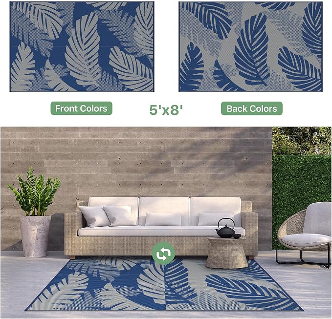 GENIMO Outdoor Rug, Waterproof Plastic Rugs for Patio, 5'x8' Blue Grey | Outside Larger Leaf Carpet Mat for Porch Decor, Deck, Balcony, Camping, RV, Backyard, Picnic, Beach, Reversible, Foldable