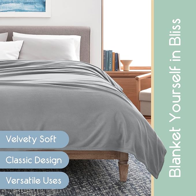Full/Queen Size Microfleece Blanket | Fleece Bed Blanket | All-Season Comfort | Supersoft Lightweight | Plush Throw Blanket for Bed Couch or Sofa | Pet-Friendly | Light Grey