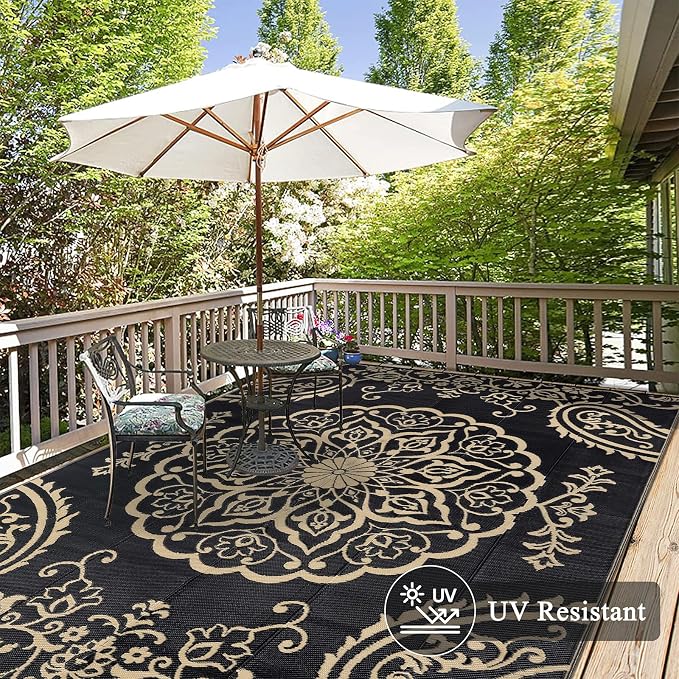 Pauwer Outdoor Rug 8x10, Waterproof Plastic Camping Rug, Boho Black Brown | Reversible Patio Rug, UV Resistant Indoor Outdoor RV Mat Carpet For Deck, Camper, Porch, Balcony, Backyard, Picnic, Foldable