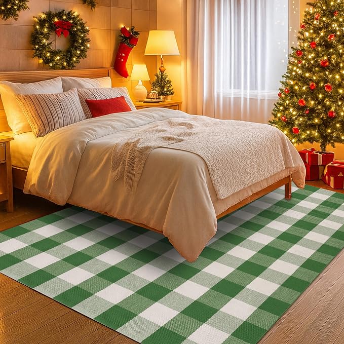 Christmas Green & White Plaid Rug - 4' x 6' Outdoor Front Door Decor Mat Cotton Washable Hand-Woven Rug Christmas New Year Holiday Porch Entryway Layered Doormat