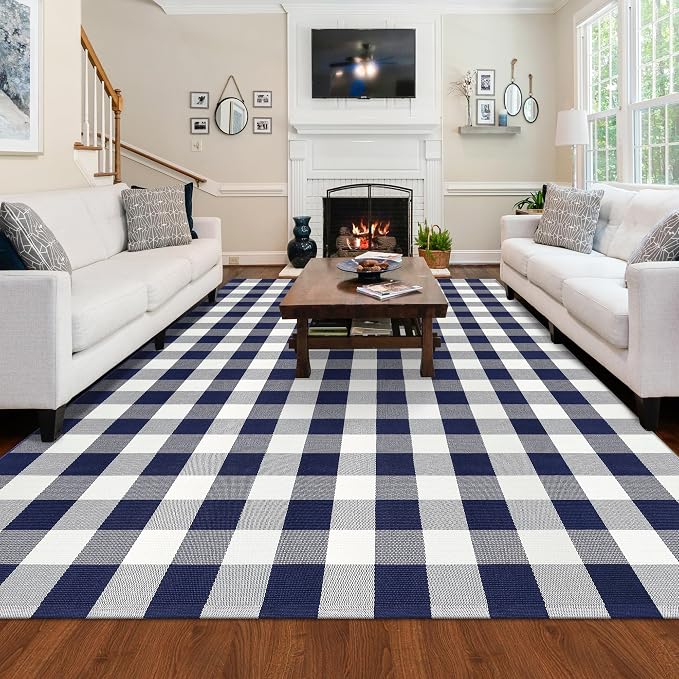 Buffalo Plaid Rug 6x9 Feet Buffalo Check Area Rug Cotton Woven Navy and White Checkered Washable Indoor Outdoor Carpet for Living Room Farmhouse Dining Bedroom Patio