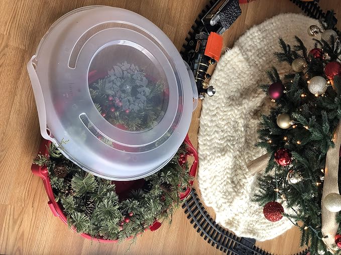 HOMZ Set of 3 Holiday Wreath Plastic Storage Containers, Holds Up to 24” Diameter, Secure Latching Lid and Easy Grip Handle, Stackable and Nestable, Red/Clear | Stackable Seasonal Decoration Organizer Bins with Lids and Handles for Christmas Wreaths an...