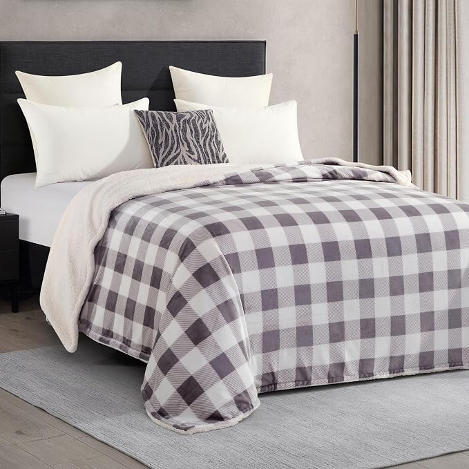 Elegant Comfort Ultra Soft Reversible Buffalo Plaid Flannel Sherpa Blanket - Cozy Silky Checkered Fleece Throw for Couch, Bed - Plush Fuzzy Warm Winter Blanket for Gift, Twin, Gray
