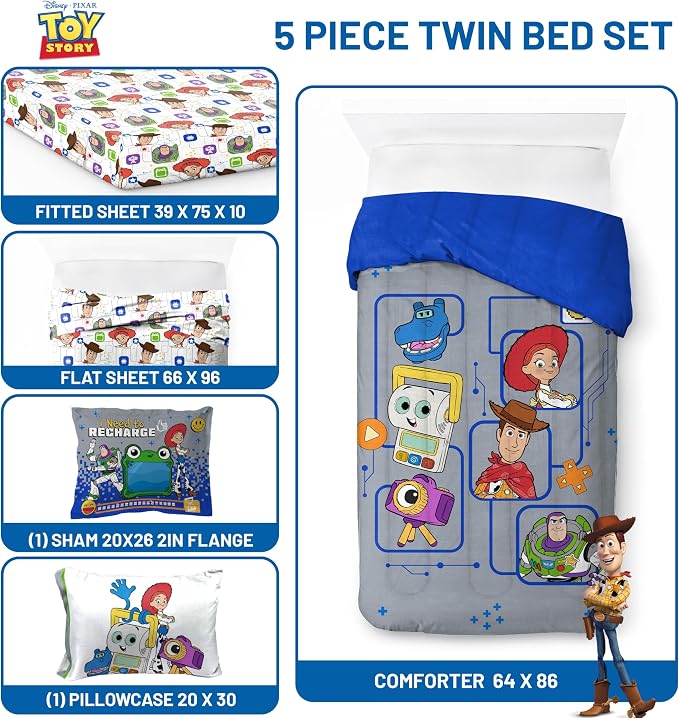 Jay Franco Kids Comforter Set Includes Sheets and Pillow Covers - Soft and Cozy Bed Set for Stylish Room Decor, Official Licensed Bedding, Grey - Toy Story, 5 Piece Twin