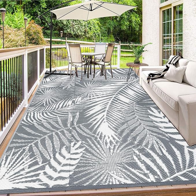 Outdoor Reversible Plastic Straw Rug, 9'x12', Cool Gray, Large Patio Mat for RV, Backyard, Deck, Picnic, Beach, Trailer, Camping