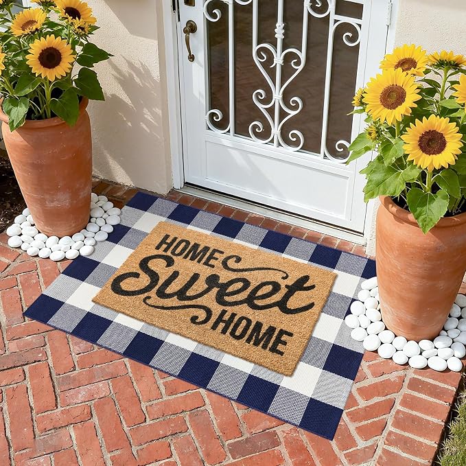 Buffalo Plaid Outdoor Rug 27.5x43 Inches Cotton Woven Navy and White Checkered Doormat Washable Indoor Outdoor Front Porch Carpet for Entryway Farmhouse Decor