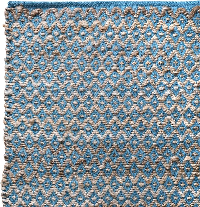 THE BEER VALLEY Jute Cotton Diamond Kitchen Rug 2x3 Feet - Natural Teal | Small Neutral Area Door mat for Entryway, Easy Clean Outdoor Indoor Boho Entry Rugs