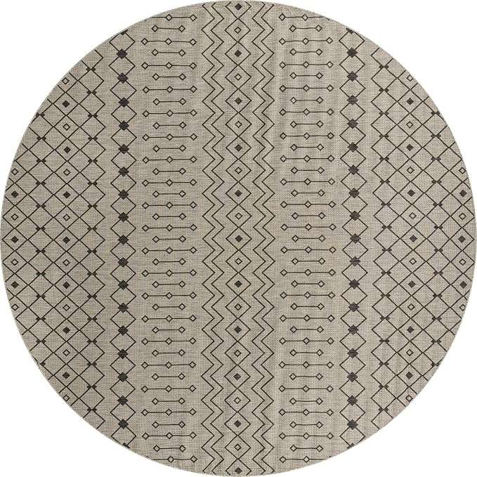 Unique Loom Outdoor Trellis Collection Area Rug - Tribal Trellis (13' Round, Gray/ Black)
