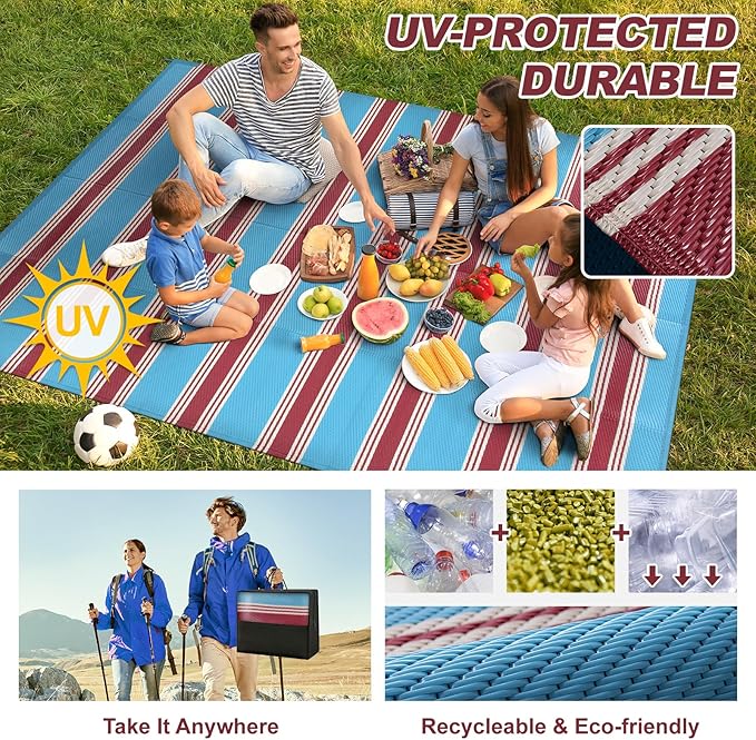Lahome Striped Outdoor Carpet Plastic Straw Rug, Reversible Patriotic Outdoor Rug Waterproof 9x12 Rugs for Patio, RV Camping Picnic Mat for Beach Deck Backyard Balcony(Blue/Red,9'x 12')