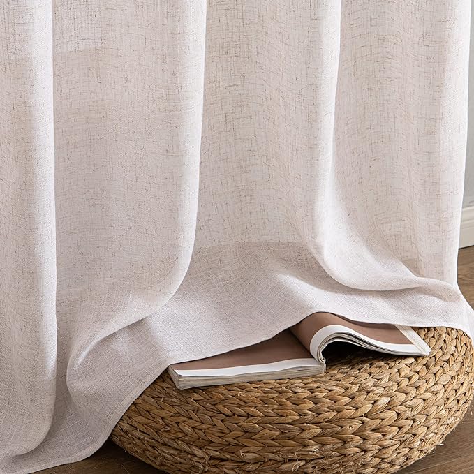 MIULEE Natural White Linen Curtains 98 Inch Length 2 Panels for Bedroom Living Room, Soft Thick Linen Textured Window Drapes Semi Sheer Light Filtering Back Tab Rod Pocket Burlap Look Decor
