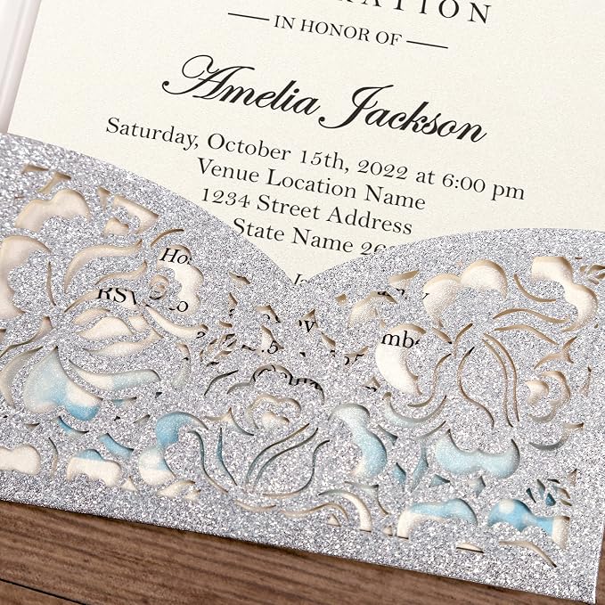 DORIS HOME 50Pcs Personalized Laser Cut Quinceanera Invitations, Silver | 4.7"x7.1", Customized Quince Invitations, For 15th Birthday, Sweet 16, With Envelopes