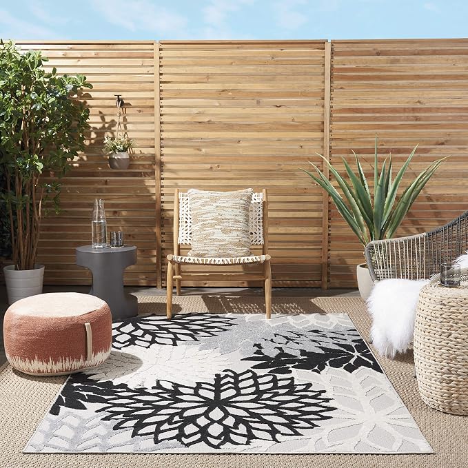 Nourison Home Aloha Indoor/Outdoor Black White 5'3" x 7'5" Area Rug, Tropical, Botanical, Easy Cleaning, Non Shedding, Bed Room, Living Room, Dining Room, Deck, Backyard, Patio (5x7)