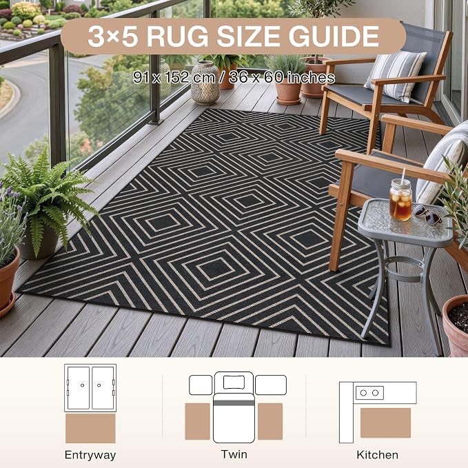 Tribesigns Modern Easy Jute 3x5 Washable Outdoor Patio Porch Area Rug,Black | Machine Washable, Non-Slip with 4 Rug Tape, Ultra-Thin Low Pile, for Farmhouse Indoor Kitchen Entryway Deck RV Balcony