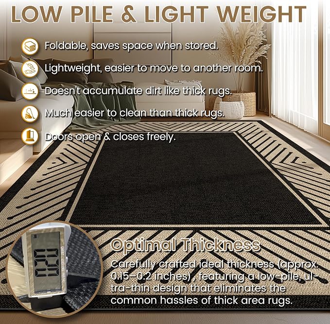 Washable Modern Easy Jute Rug 5x7, Striped Geometric Outdoor Indoor Patio Farmhouse Large Bordered Rugs, Woven Non Slip Thin Carpet Mat for Living Dining Room Bedroom Classroom Kids Nursery