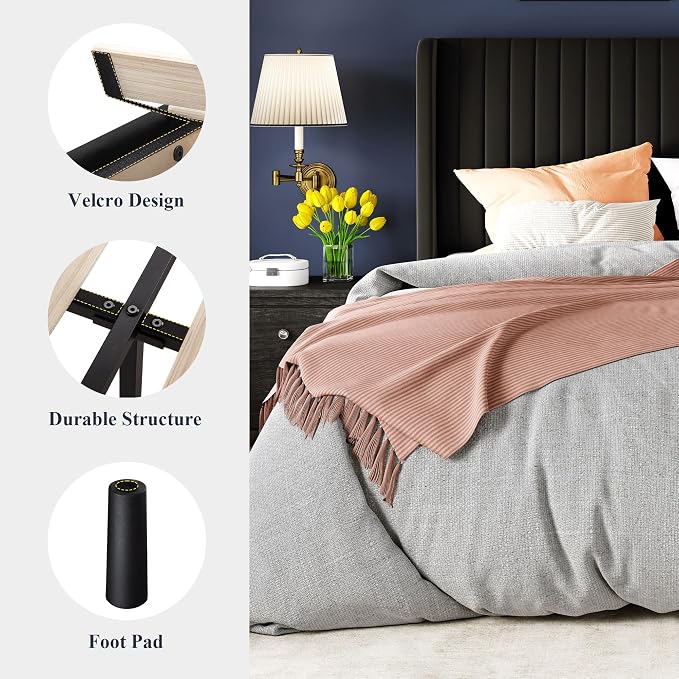 Allewie Queen Size Velvet Bed Frame/Vertical Channel Tufted Wingback Headboard/Upholstered Platform Bed/Strong Wooden Slats/No Box Spring Needed/Easy Assembly/Black