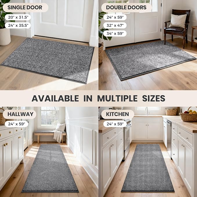 PURRUGS Dirt Trapping Door Mat 34" x 59", Non-Slip Machine Washable Entry Rug, Entrance Mat, Indoor Front Door Mat, Super Absorbent Entryway Rug for Muddy Shoes & Paws, Heathered Grey