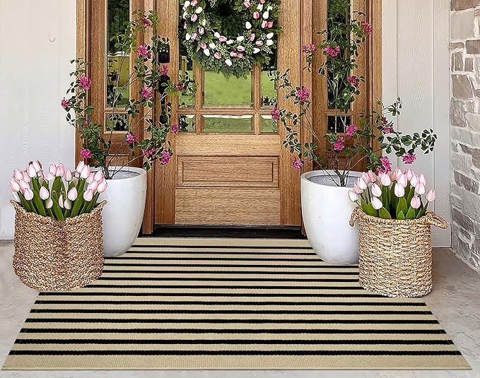 Tan and Black Outdoor Rugs 3'x5',Machine Washable Porch Rugs Cotton Woven Indoor Outdoor Layered Door Mats Small Area Rug for Home Entrace Decor/Bedroom/Entryway