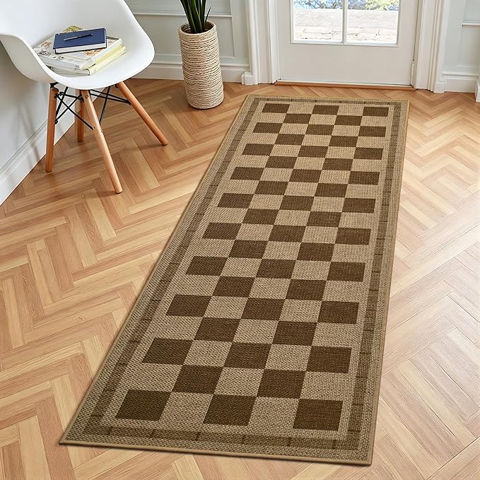 Vasofe 2x6 Jute Checkered Rugs, Outdoor Runner, Runner Rug for Hallway | Washable Patio Porch Balcony Runners Indoor Bedroom Kitchen Laundry Mat, Non Slip Plaid Farmhouse Carpet, Nature and Brown