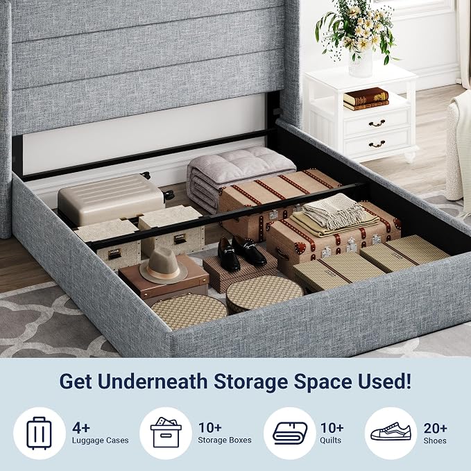 Allewie Queen Size Lift Up Hydraulic Storage Bed Frame Blue Grey | Modern Wingback Headboard, Hydraulic Support Storage, No Box Spring Needed