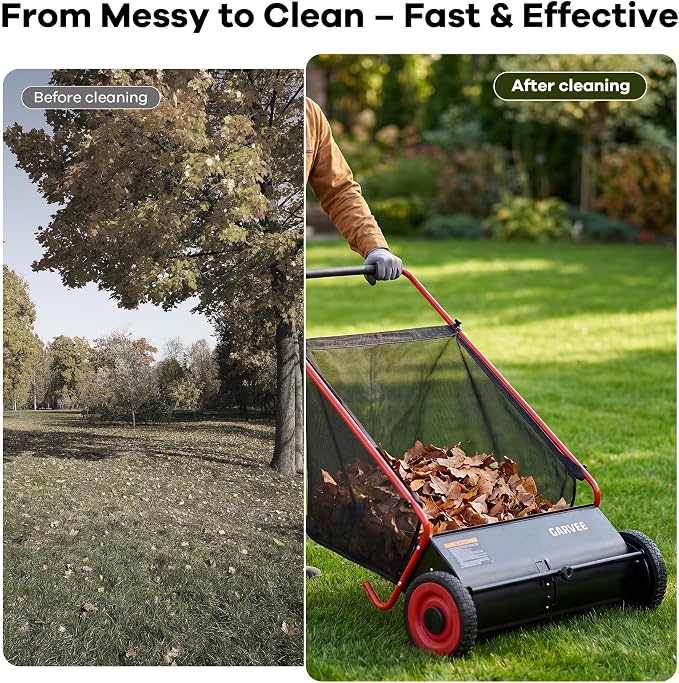 Push Lawn Sweeper, 26 in Leaf & Grass Collector with 7 cu. ft. Hopper Bag, Heavy Duty Yard Sweeper with Clear Dust Cover & Large Collection Bag for Lawn Yard Cleanup