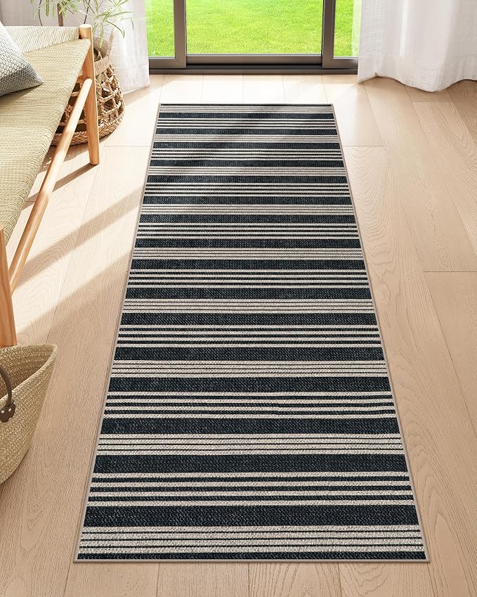 Lahome Striped Easy Jute Kitchen Runner Rug, 2x6 Washable Rugs for Entryway | Indoor Outdoor Non Slip Black Runners for Hallways, Modern Farmhouse Non Shedding Carpet for Laundry Room Front Porch Entry