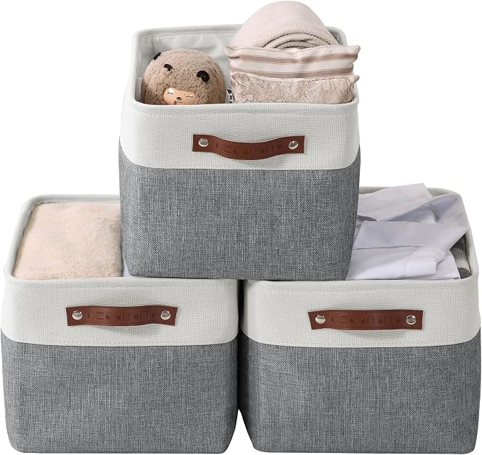 DECOMOMO Storage Bins, Large Fabric Storage Baskets for Shelves 3 Pack | 15 x 11 x 9.5 inches Decorative Linen Closet Organizers (Slate Grey & White)