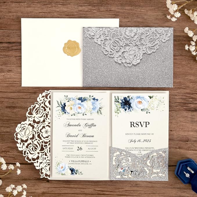 DORIS HOME 50Pcs Personalized Laser Cut Wedding Invitations, Silver Glitter | 4.7"x7.1", Customized Anniversary Invitations, With Envelopes