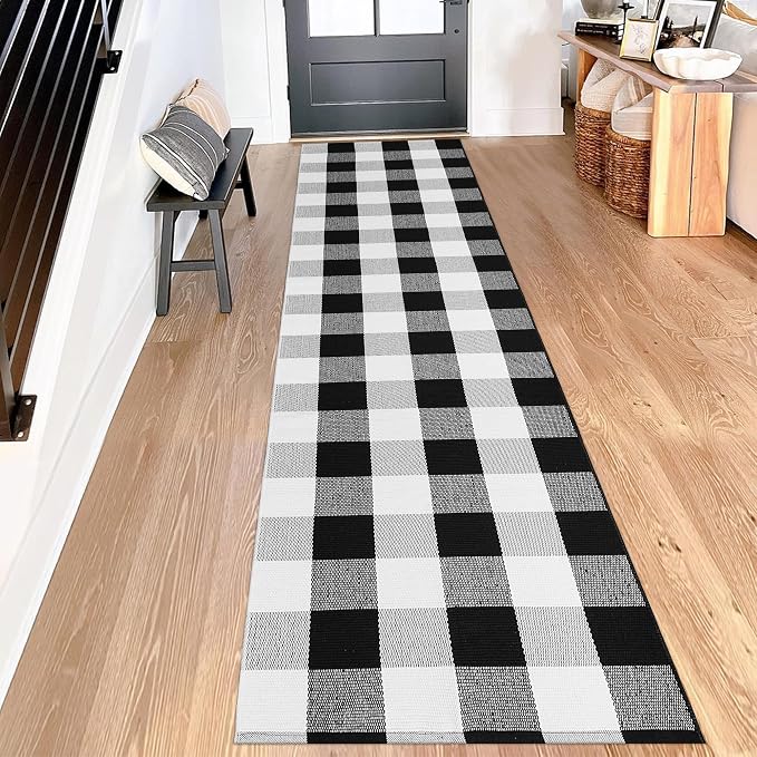 Buffalo Plaid Runner Rug 2x8 Feet Black and White Checkered Area Rug Farmhouse Hallway Rug Cotton Woven Washable Carpet for Entryway Kitchen Bedroom Living Room