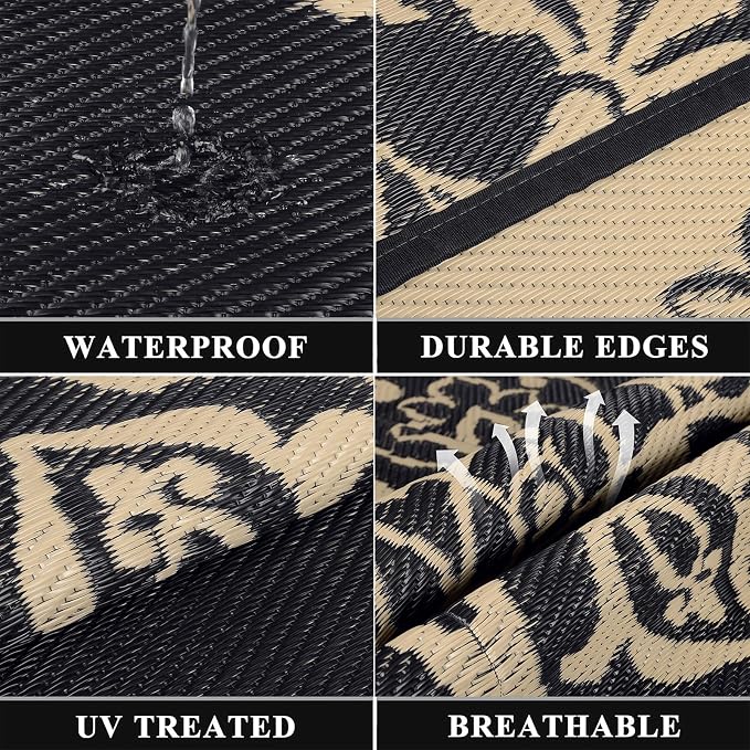 Pauwer Outdoor Rug 8x10, Waterproof Plastic Camping Rug, Boho Black Brown | Reversible Patio Rug, UV Resistant Indoor Outdoor RV Mat Carpet For Deck, Camper, Porch, Balcony, Backyard, Picnic, Foldable
