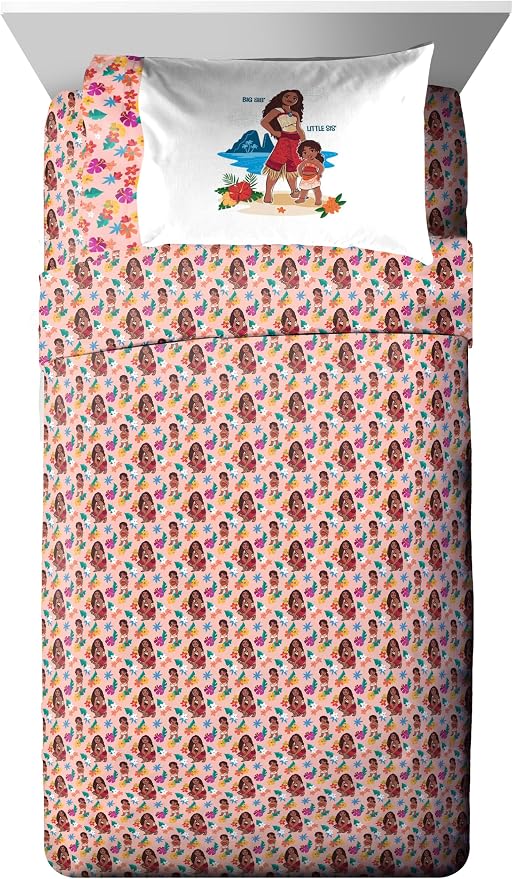 Disney Moana Twin Comforter Set 5 Piece Kids Bedding for Girls, Beige | Bed in a Bag, Comforter Sheets Sham Pillowcase, Official Brand, Soft Microfiber, Machine Washable, Girls Gift