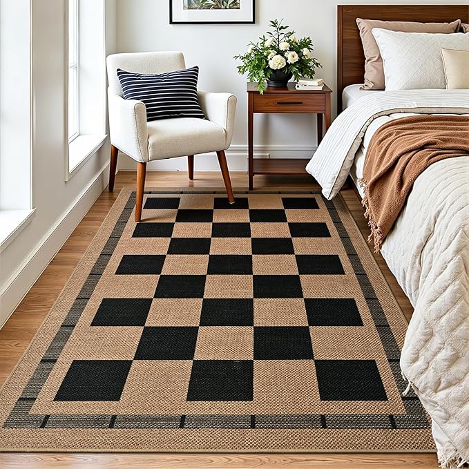 4x6 Outdoor Rug, Jute Checkered Rugs, Patio, Entryway, Balcony Porch Carpet | Washable Indoor Plaid Carpets, Bedroom Kitchen Rug, Non Slip Farmhouse Neutral Laundry Office Floor Mat, Black and Brown
