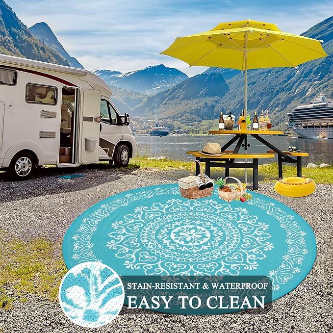 Pauwer Waterproof Outdoor Rug 6ft, Reversible Plastic Straw Patio Camping Rug, Indoor Outdoor RV Mat Carpet for Deck, Camper, Porch, Balcony, Backyard, Picnic, Floral Teal | Reversible Patio Rug, UV Resistant Indoor Outdoor RV Mat Carpet For Deck, Camp...
